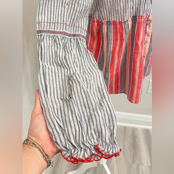 LemLem Boho Blue & White & Peach Peplum Blouse w/ Fabric Buttons Small - Picture 2 of 7